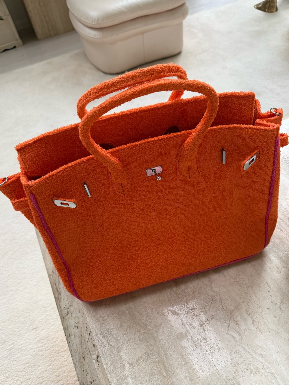 Boatkin Terry Orange Women's Tote Bag with Pink Trim - Picture 2 of 3